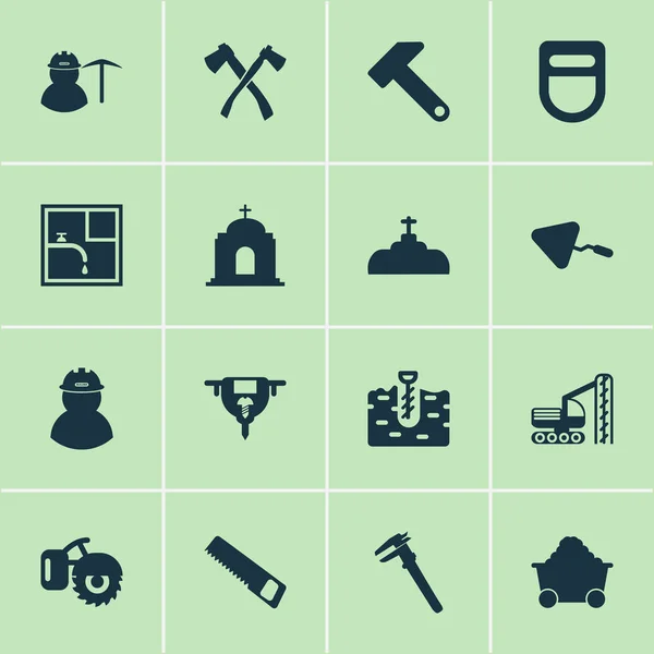 Строительные иконки с лопаткой, фрезерным станком, шнеком и другими рабочими элементами. Изолированные векторные иконки . — стоковый вектор
