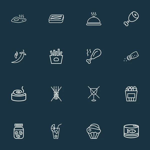 Manger des icônes style ligne sertie de sardine, omelette, cupcake et autres éléments interdits de vin. Illustration vectorielle isolée mangeant des icônes . — Image vectorielle