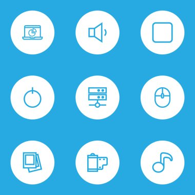 Multimedya simgeler stil film, başlangıç, Galeri ve diğer quaver öğeleri kümesi satır. İzole vektör çizim Multimedya simgeler.