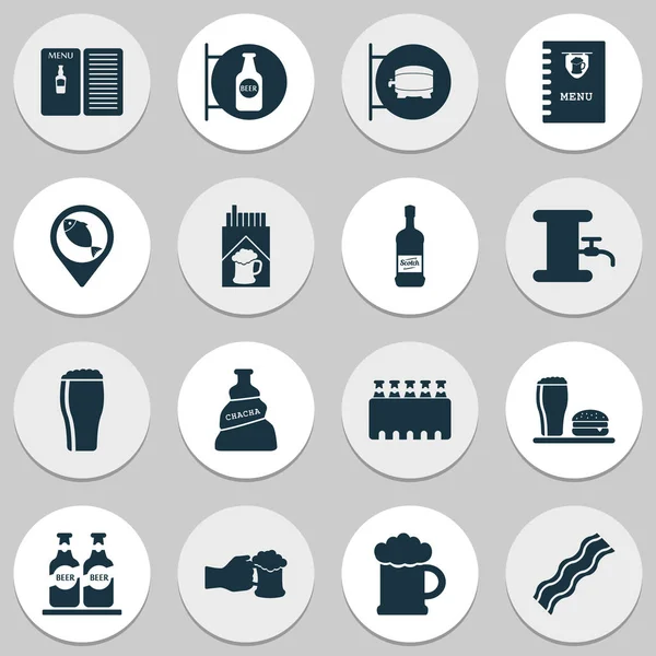 Drycker ikoner set med chacha, öl skylt, pub bok och andra fläsk element. Isolerade vektor illustration drycker ikoner. — Stock vektor