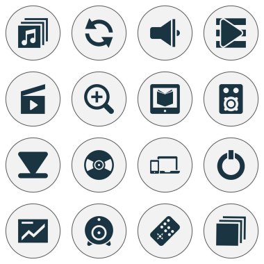 Medya Icons set eşitleme, Klaket, uzak ve diğer hoparlör öğeleri ile. İzole illüstrasyon Medya simgeler.