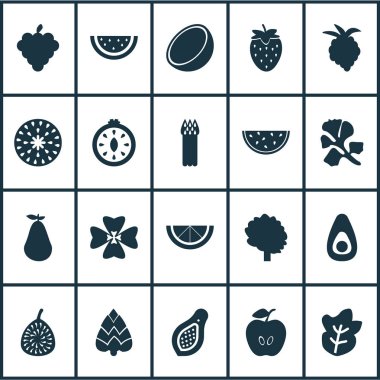 Meyve simgeler avokado, domates dilim, cocoanut ve diğer papaya öğeleri ile ayarlayın. İllüstrasyon izole meyve simgeler.