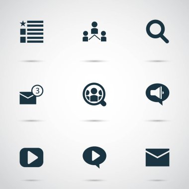 İleti, kişi, ağ ve diğer arama öğeleri ile Medya Icons set. İzole illüstrasyon Medya simgeler.
