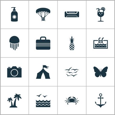 Sezon Icons set ile fotoğraf makinesi, Klima, güneş kremi ve diğer skydiving öğeleri ile. İzole illüstrasyon sezon simgeler.