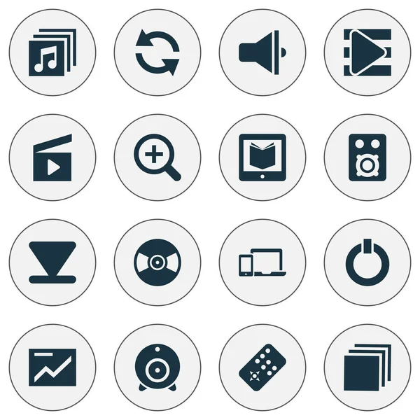 メディアのアイコンは同期、カチンコ、要素はリモートと他のスピーカーをセットします。孤立した図メディアのアイコン. — ストック写真