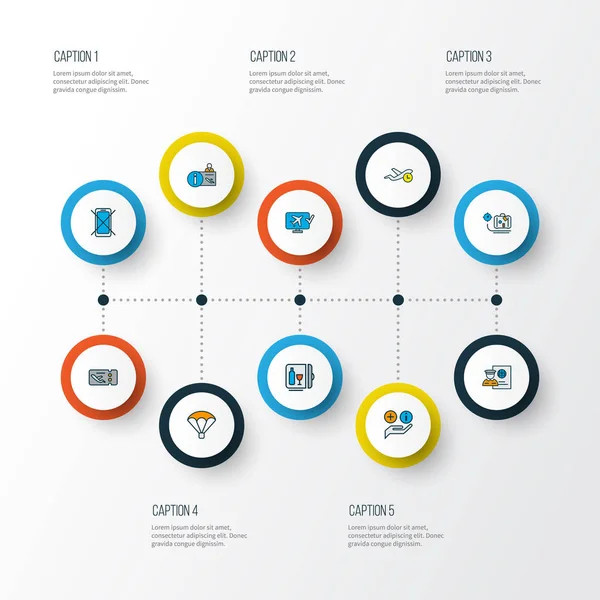 Reizen pictogrammen gekleurde lijn ingesteld met bagage gewicht, minibar, paspoortcontrole en andere elementen van de monitor. Geïsoleerde illustratie reizen pictogrammen. — Stockfoto