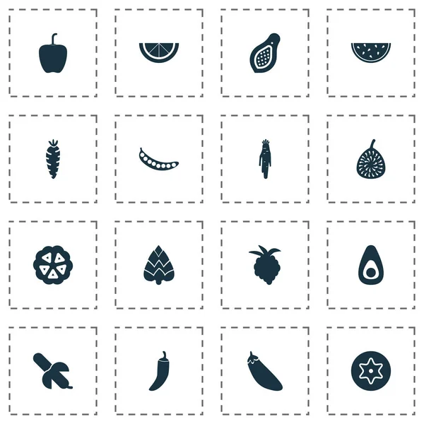Iconos de alimentos con berenjena, lima, granos de cacao y otros elementos de pimienta bulgara. Iconos de alimentos ilustración aislada . —  Fotos de Stock