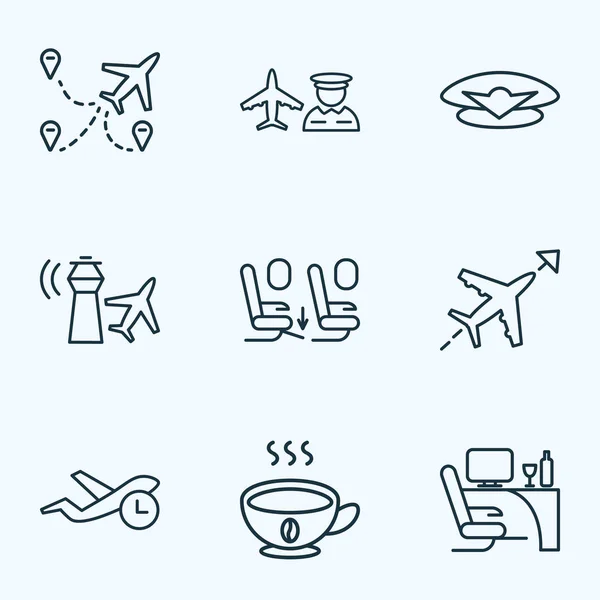 Set di icone da viaggio in stile linea con spazio per i piedi, caffè, multicities e altri elementi per il cappuccino. Isolate icone di viaggio illustrazione . — Foto Stock