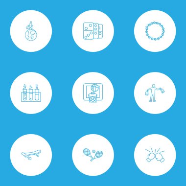 Yaşam tarzı simgeleri stil boncuk, tenis, kaykay ve diğer kickboks öğeleri kümesi satır. İzole vektör çizim yaşam tarzı simgeleri.