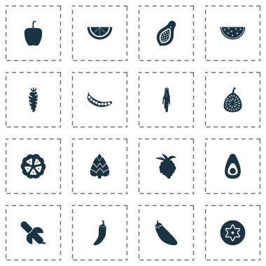 Sebze simgeler patlıcan, kireç, kakao çekirdekleri ve diğer Bulgar biber öğeleri ile ayarlayın. İzole vektör çizim sebze simgeler.