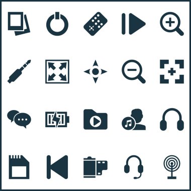 Müzik simgeleri Büyüteç, kulaklık, sanatçılar ve diğer besteci öğeleri ile ayarlayın. İzole vektör illüstrasyon müzik simgeleri.