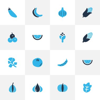 Gıda simgeler kümesi sarımsak, limon, ampul ve narenciye diğer öğelerle birlikte renkte. İzole vektör çizim gıda simgeler.