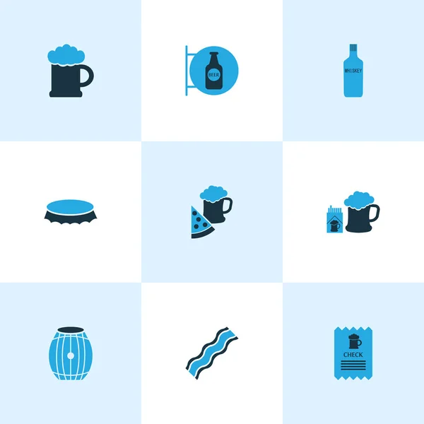 Conjunto de iconos de bebidas coloreadas con pizza con cerveza, cheque, cerveza con cigarrillos y otros elementos de cheque. Iconos de bebidas de ilustración aislada . — Foto de Stock