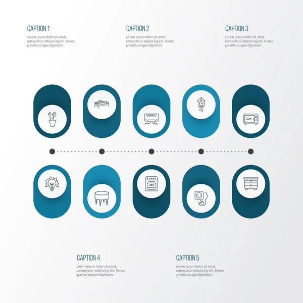 Style de ligne d'icônes intérieures avec pouf, climatiseur, tiroir et autres éléments de prise. Illustration isolée icônes intérieures . — Photo