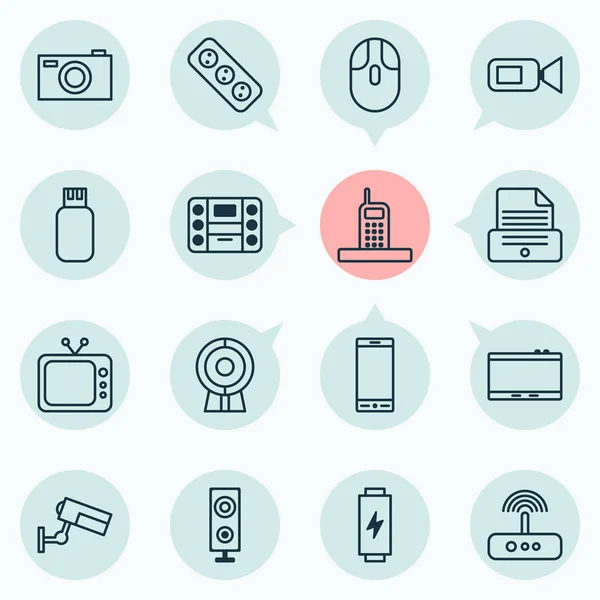 Gerätesymbole mit Musikplayer, Telefon, Videokamera und anderen Fernsehelementen. isolierte Illustration Gerät Symbole. — Stockfoto