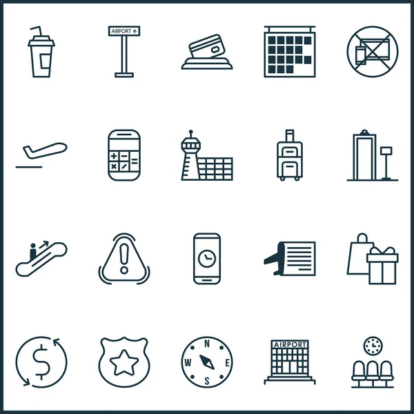 Vervoer pictogrammen instellen met kompas, vertrek van het vliegtuig, rekenmachine en andere zetels-elementen Geïsoleerde illustratie vervoer pictogrammen. — Stockfoto