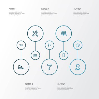 Simgeler çizgi stili ile kanca, mühendis ve diğer kapı öğeleri kaldırma kamyon, binada. Simgeler bina izole vektör çizim.