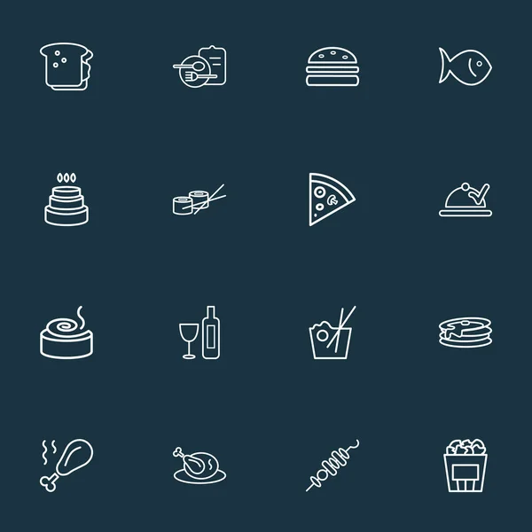 Iconos de comida estilo de línea con palomitas de maíz, vino, panqueque y otros elementos de crepe. Iconos de alimentos de ilustración vectorial aislado . — Vector de stock