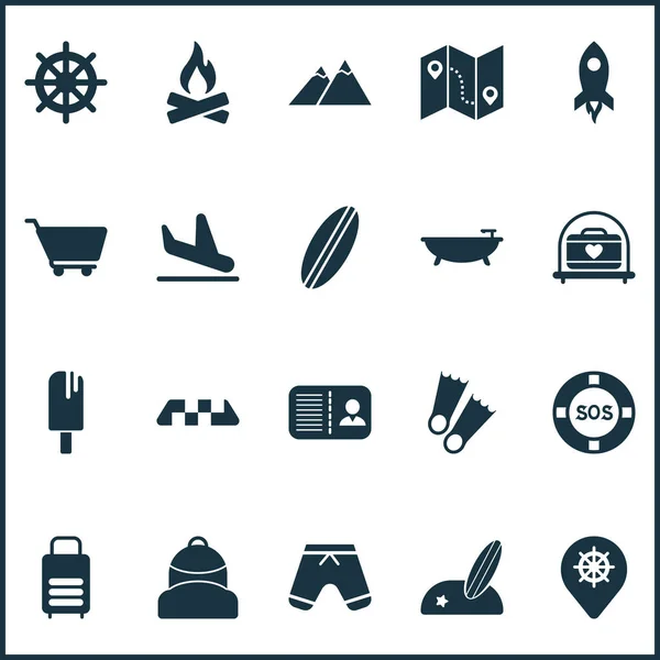 Icônes de voyage avec bouée de sauvetage, les montagnes, les palmes et autres éléments de guidage. Isolés vectoriels icônes voyage illustration . — Image vectorielle