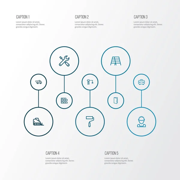 建筑图标线条风格设置与卡车, 吊钩, 工程师等门件。被隔绝的向量例证大厦图标. — 图库矢量图片