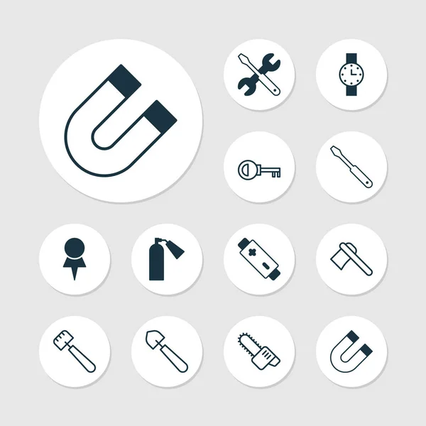 Werkzeuge Icons Set mit Schraubenzieher, Kettensäge, Schaufel und anderen Feuerwehrelementen. Isolierte Vektor-Illustrationswerkzeuge Symbole. — Stockvektor