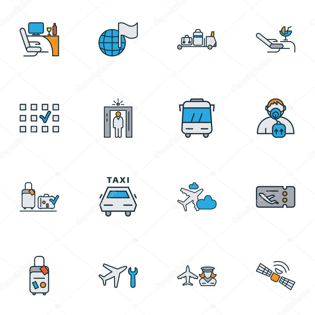 Transportation icons colored line set with flight ticket, bus, airport security and other vip elements. Isolated vector illustration transportation icons.
