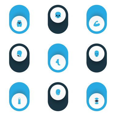 Vücut simgeler kümesi kafatası, kol, parmak ve diğer kalça öğeleri ile renkli. İzole illüstrasyon vücut simgeler.