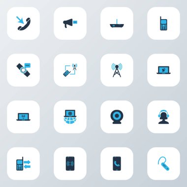 Telekomünikasyon simgeler akıllı izle bildirim, iletişim Kulesi, gelen arama ve diğer bilgi transferi öğeleri kümesi renkte. İzole illüstrasyon telekomünikasyon simgeler.