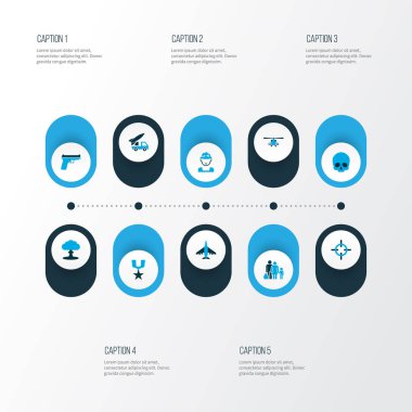 Ordu simgeler kümesi boom, zırhlı araç, kaçak ve diğer mülteci öğeleri ile renkli. İzole illüstrasyon ordu simgeler.