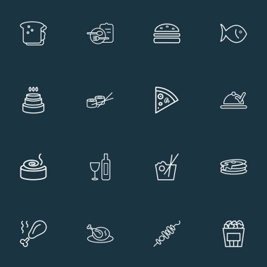 Yemek simgeler stil patlamış mısır, şarap, gözleme ve diğer krep öğeleri kümesi satır. İzole illüstrasyon yemek simgeler.