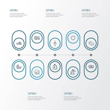 Doğa simgeler stil güneşli hava, bulutlu hava, çevre ambalaj ve diğer yel değirmeni öğeleri kümesi satır. İzole vektör çizim doğa simgeler.