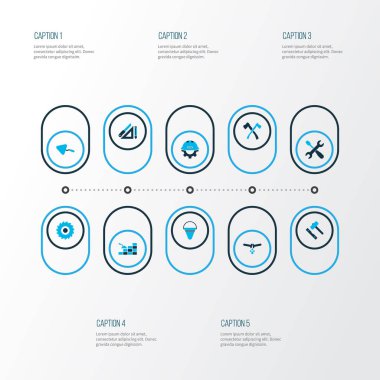 Endüstriyel simgeler akan boru, balta, mala ve diğer ekipman öğeler kümesi renkte. İzole vektör çizim endüstriyel simgeler.