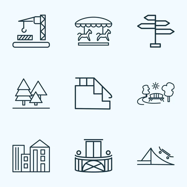 Stedelijke pictogrammen lijnstijl ingesteld met park, Skatepark, bos en andere buiten elementen. Geïsoleerde vector illustratie stedelijke iconen. — Stockvector