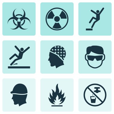 Emanet Icons set sigara içme suyu, kaygan alan, radyoaktif ve diğer içilebilir öğeleri ile. İzole illüstrasyon Emanet simgeler.