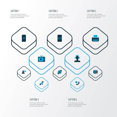 Bağlantı simgelerinin seti 9 uçlu konnektör, açılış telefon, cep telefonu kitap baskı makine elemanları ile renkli. İzole resimde bağlantı simgeleri.