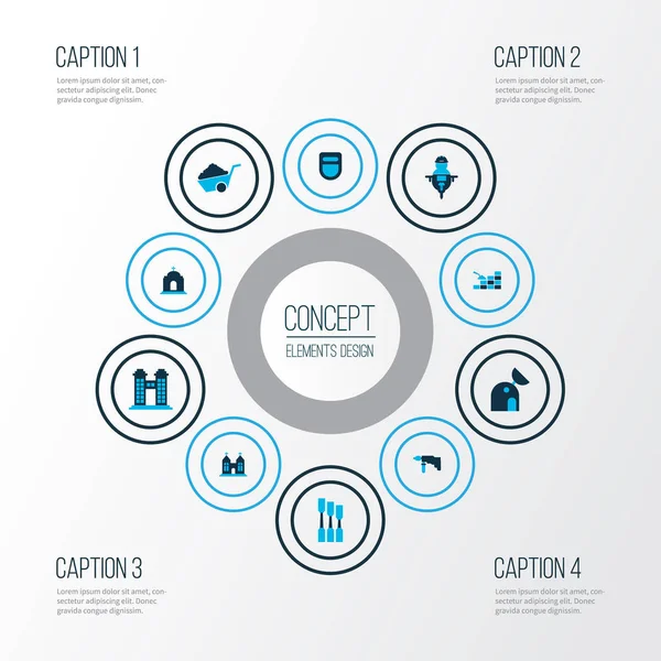 産業アイコン色のチャペル、ドリル、建設手押し車および他の都市の景観要素のセット。孤立した図産業アイコン. — ストック写真