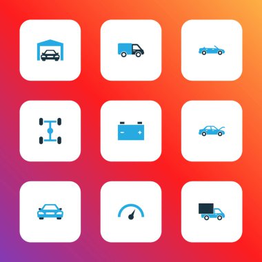 Otomatik simgeler kümesi sabitleme, kamyon, Cabrio modeli ve diğer pil öğeleri ile renkli. İzole vektör çizim otomatik simgeler.