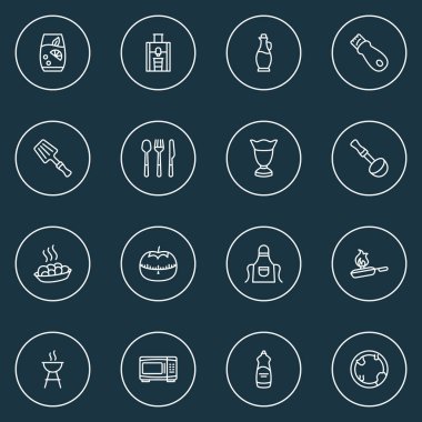 Mutfak simgeler Stil kümesi limonata, rendemi, Bulaşık Makinası Sıvı ve diğer dishware öğeleri satır. İzole vektör çizim mutfak simgeler.