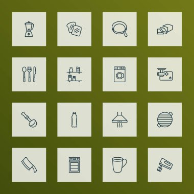 Çizgi stili simgeler yemek su şişesi, kaşık çatal, Barbekü ve diğer çıkarıcı unsurları ile ayarlayın. Simgeler pişirme izole vektör çizim.