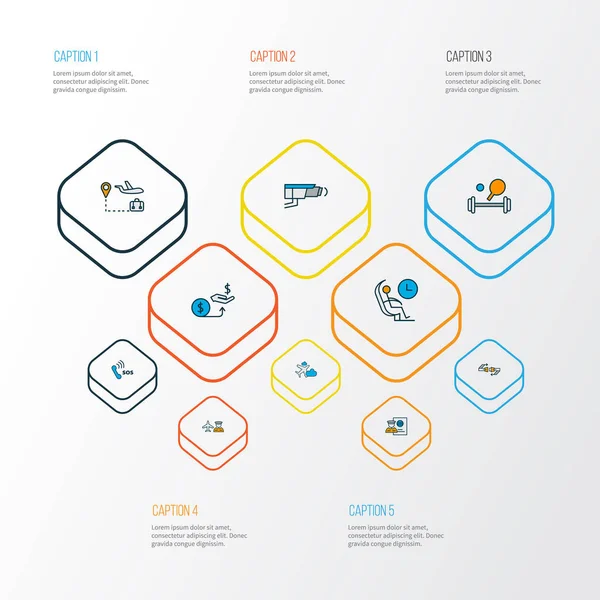 Icônes de transport ligne colorée avec contact d'urgence, contrôle des passeports, équipement sportif et autres éléments de profit. Illustration vectorielle isolée icônes de transport . — Image vectorielle