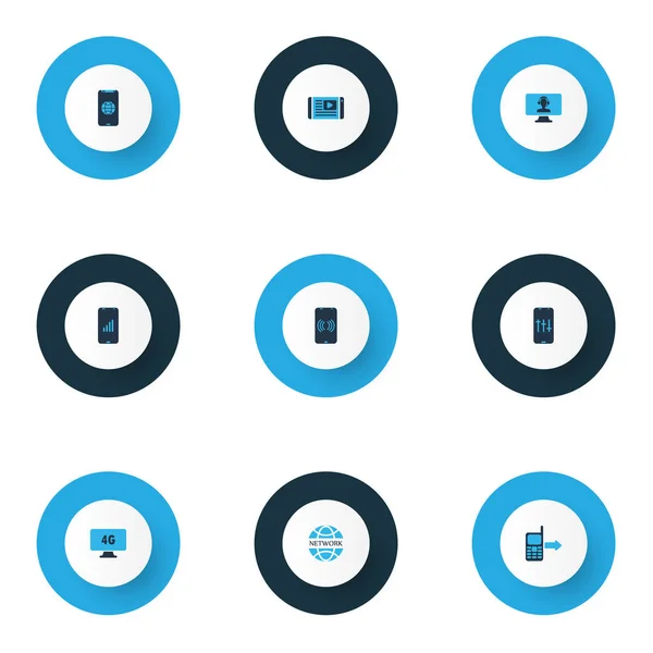 Ícones de telecomunicações coloridos com ponto de acesso móvel, computador 4g, ajuste de áudio e outros elementos globo. Ícones isolados de ilustração vetorial de telecomunicações . —  Vetores de Stock