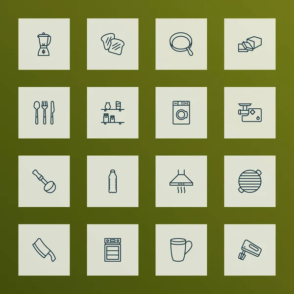 Conjunto de iconos de cocina estilo línea con botella de agua, tenedor de cuchara, barbacoa y otros elementos extractores. Iconos de cocina de ilustración vectorial aislado . — Archivo Imágenes Vectoriales