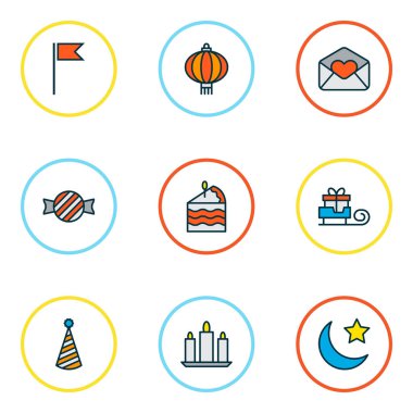 Tatil simgeler aşk mektubu, Noel Baba hediye, ay yıldızı ile ve diğer kap öğeleri ile ayarla satır renkte. İzole illüstrasyon tatil simgeler.