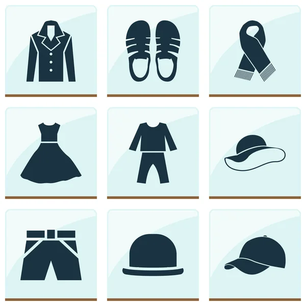 服装图标设置与晚礼服, 棒球帽, 睡衣和其他优雅的头饰元素。独立的插图服装图标. — 图库照片