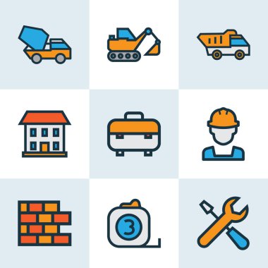 Sanayi simgeleri renkli çizgi Ekskavatör, tuğla, araç kutusu ve diğer rulet metre öğeleri ile ayarla. İzole vektör çizim sanayi simgeleri.
