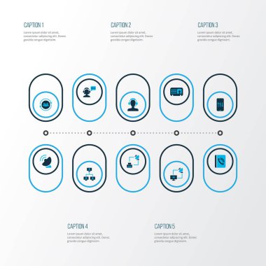 Telekomünikasyon simgeler kümesi uydu bilgisayar, telefon rehberi, erkek kartı ve diğer yardım hattı elemanları ile renkli. İzole vektör çizim telekomünikasyon simgeler.