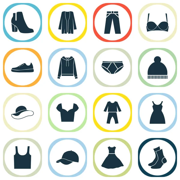 Conjunto de iconos de prendas de vestir con gumshoes, sundress, gorra de béisbol y otros elementos de gorro. Iconos de prendas de vestir de ilustración vectorial aislado . — Archivo Imágenes Vectoriales