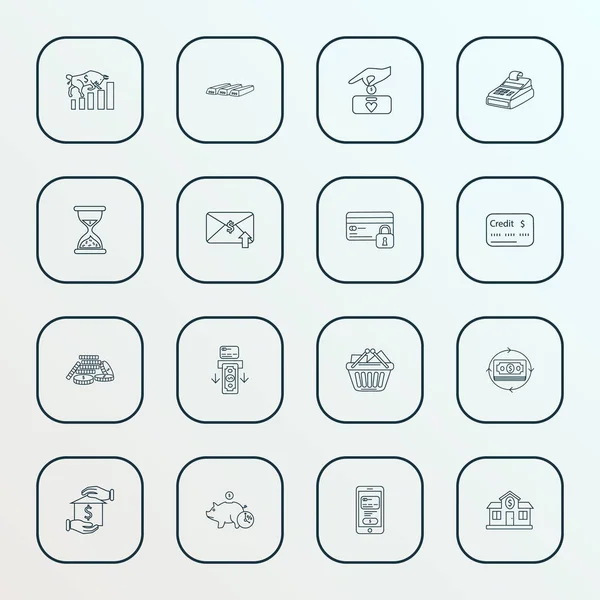 Ícones financeiros estilo linha definido com caixa registradora, tempo é dinheiro, hipoteca casa e outros elementos de compra. Ícones financeiros ilustração vetor isolado . — Vetor de Stock