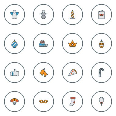 Noel simgeleri renkli çizgi ile parafin, Noel Baba hediye, kartpostal ve diğer lolipop öğeleri ayarla. İzole illüstrasyon Noel simgeler.