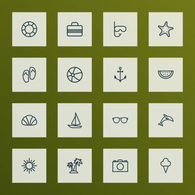 Sezon simge stil karpuz, güneş gözlüğü, yelkenli tekne ve diğer palm öğeleri kümesi satır. İzole illüstrasyon sezon simgeler.